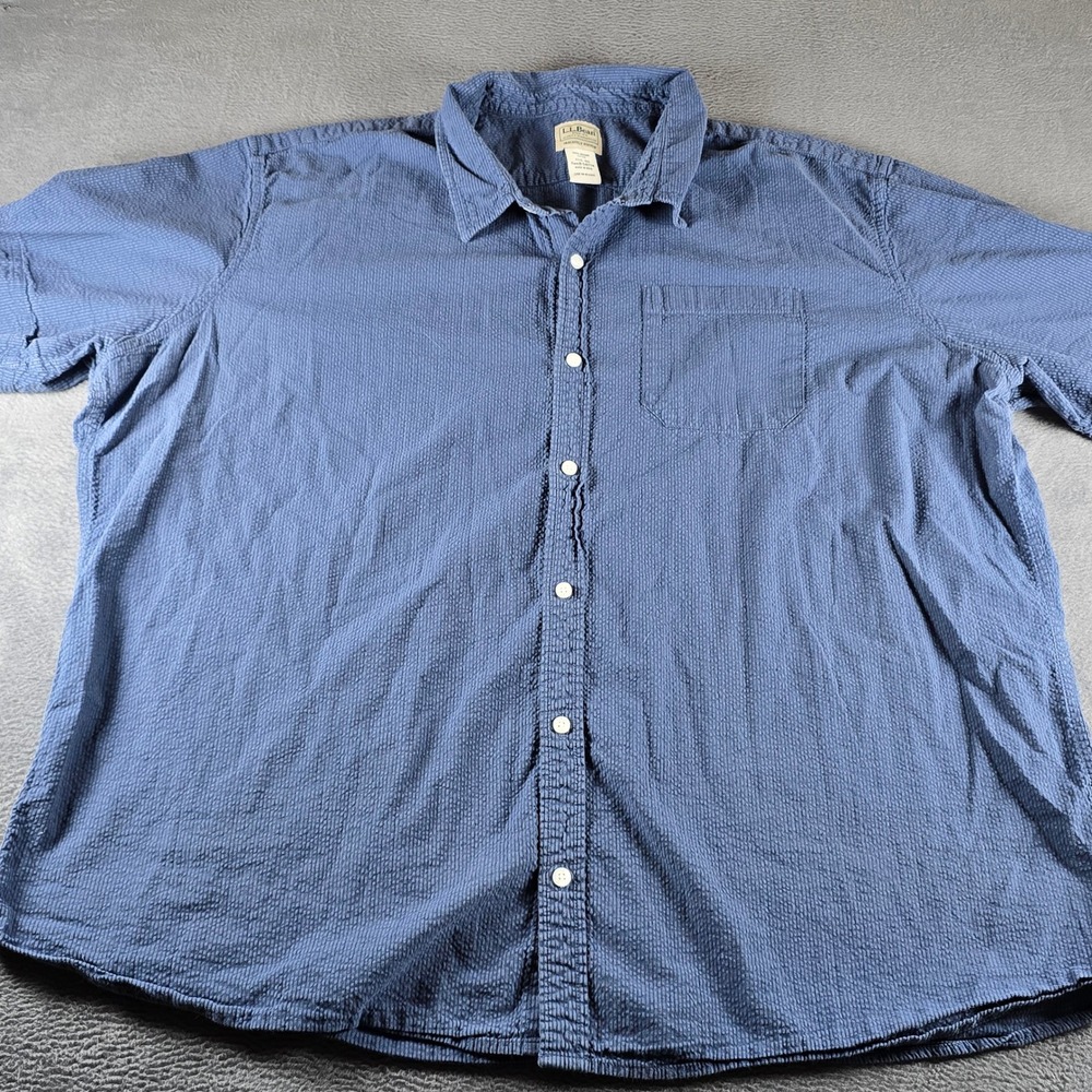 LL Bean Mens XXXL Blue Seersucker Short Sleeve Button Down Shirt Organic Cotton